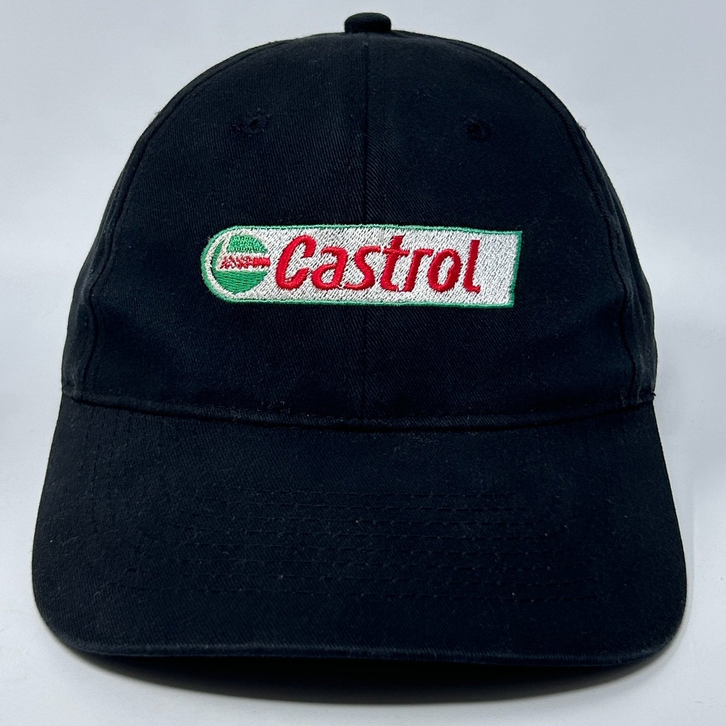 Front view of a black Castrol hat featuring an embroidered logo for car enthusiasts