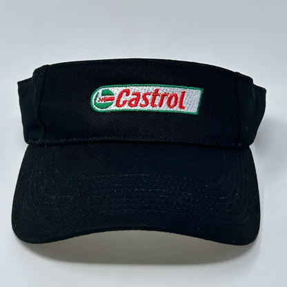 Front view of black Castrol visor hat featuring a bold embroidered logo