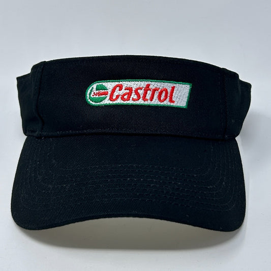 Front view of black Castrol visor hat featuring a bold embroidered logo