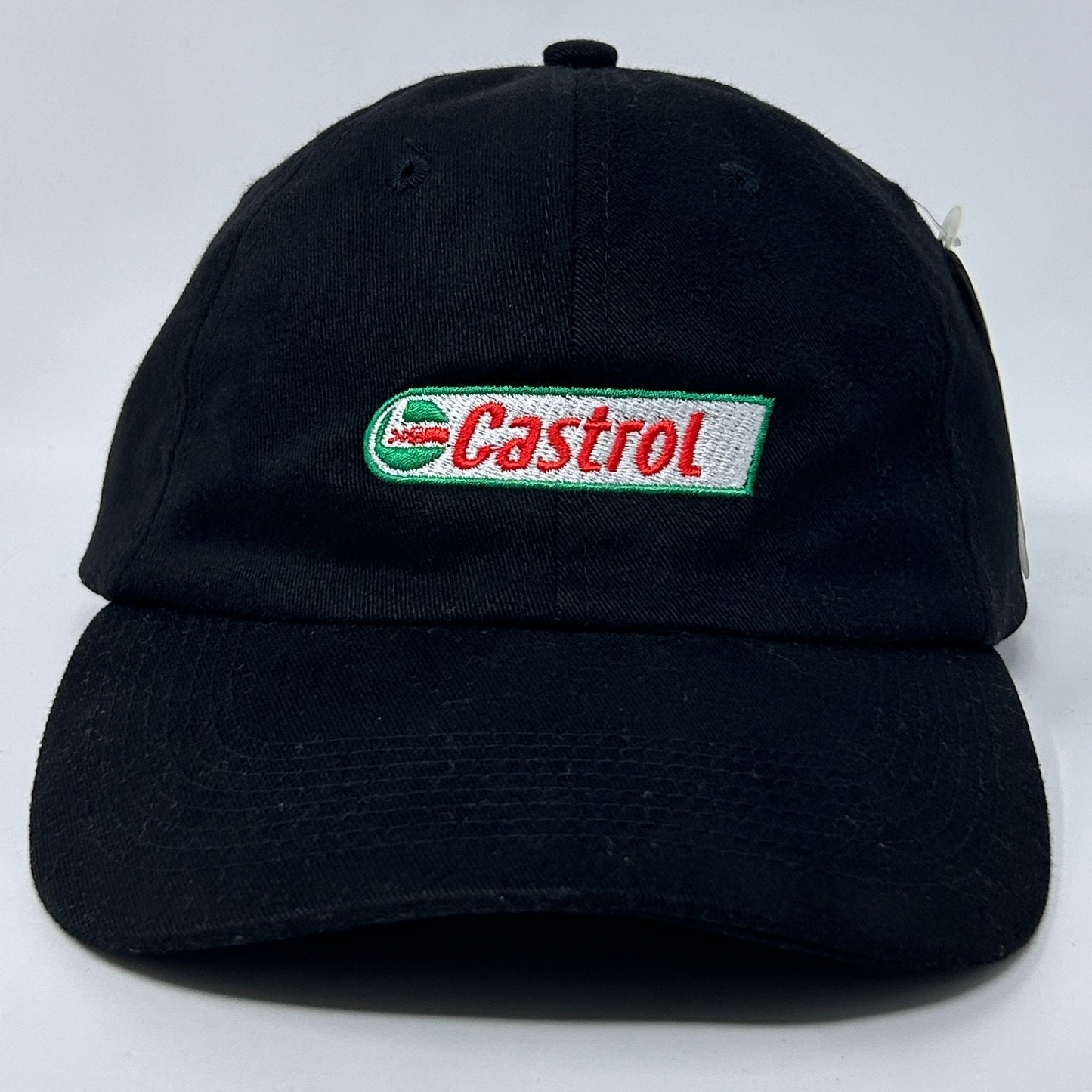 Black Castrol Oil Hat with Green and Red Logo on Front, Adjustable Size for Casual Wear