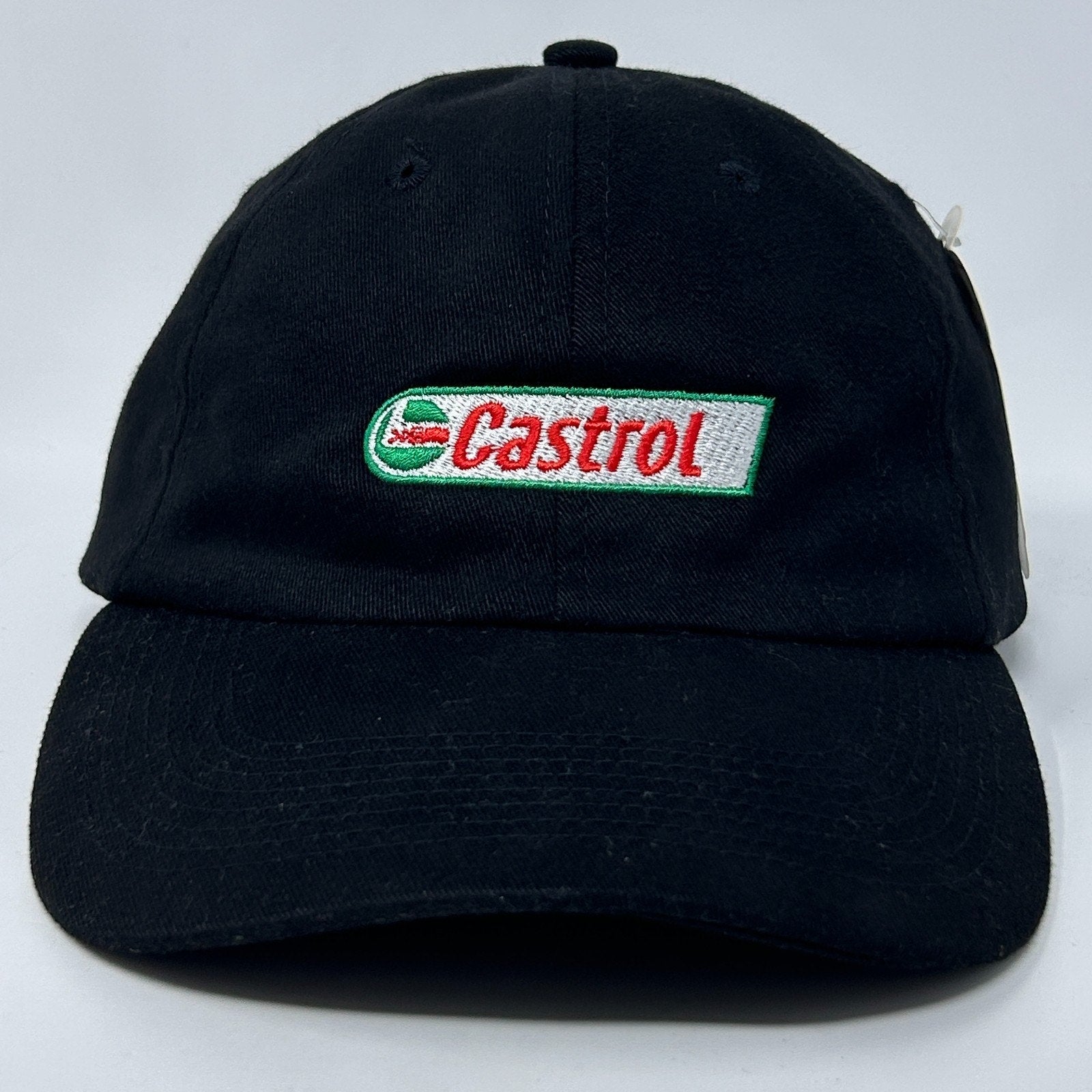 Black Castrol Oil Hat with Green and Red Logo on Front, Adjustable Size for Casual Wear