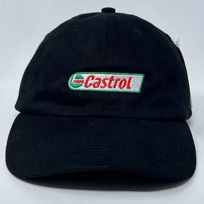 Black Castrol Oil Hat with Green and Red Logo on Front, Adjustable Size for Casual Wear