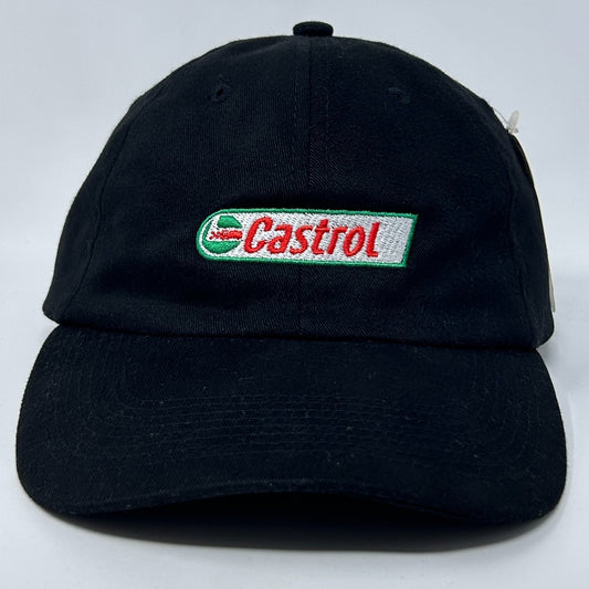 Black Castrol Oil Hat with Green and Red Logo on Front, Adjustable Size for Casual Wear