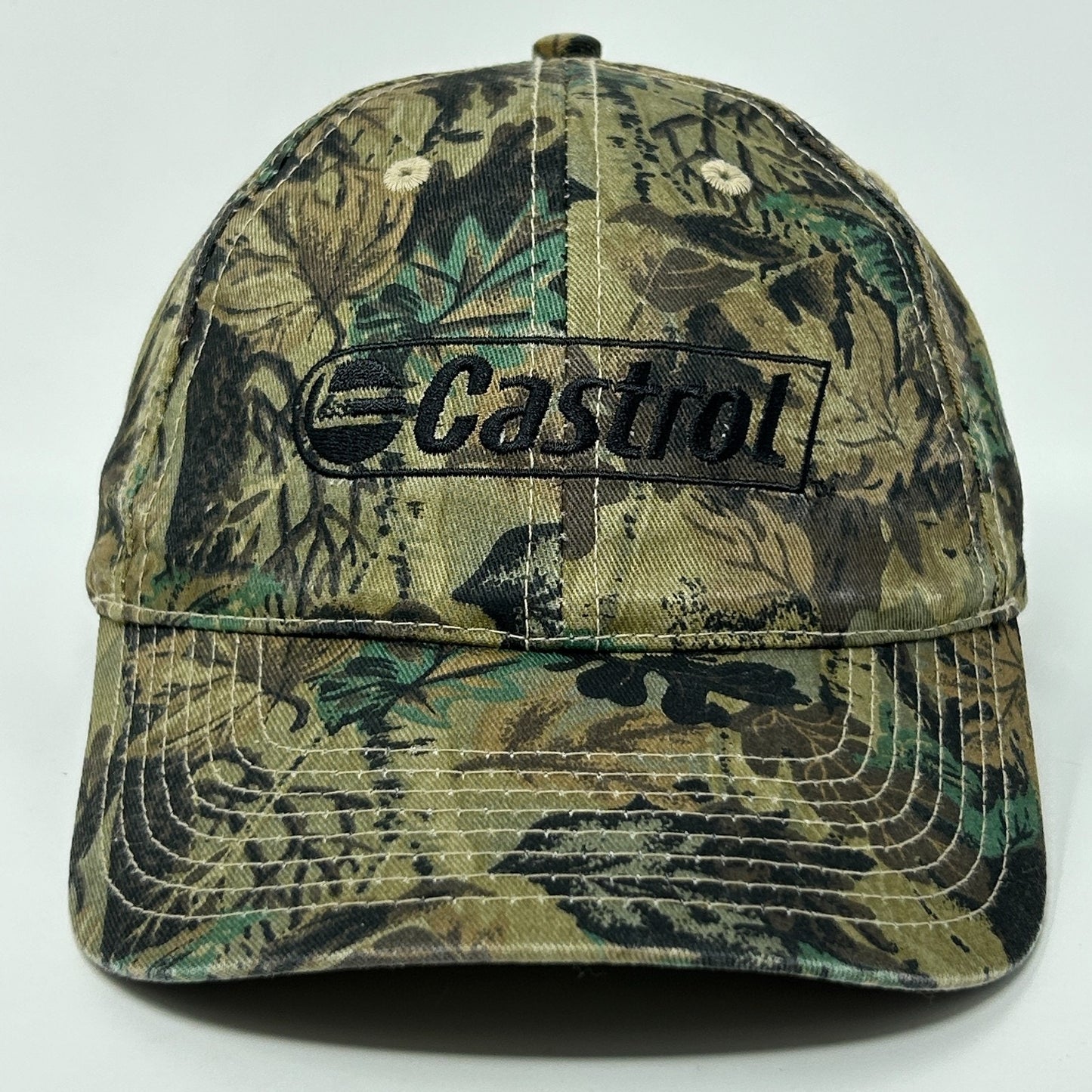 Front view of a camo Castrol Hat featuring the Castrol logo on a relaxed fit design