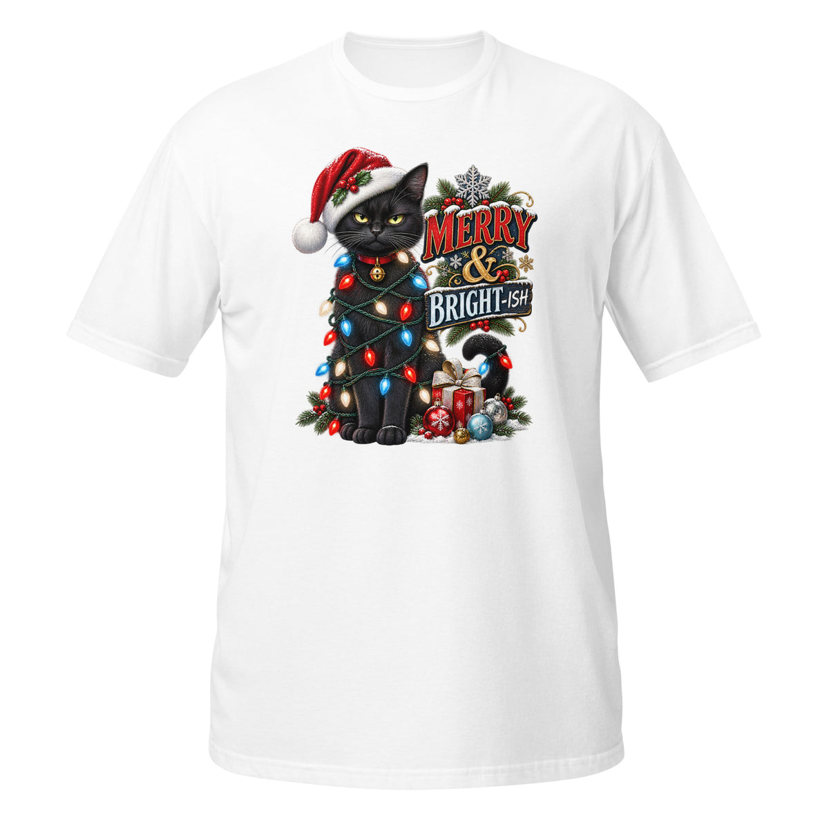 White Christmas T-Shirt featuring a black cat in holiday lights and a Santa hat, front view, festive design