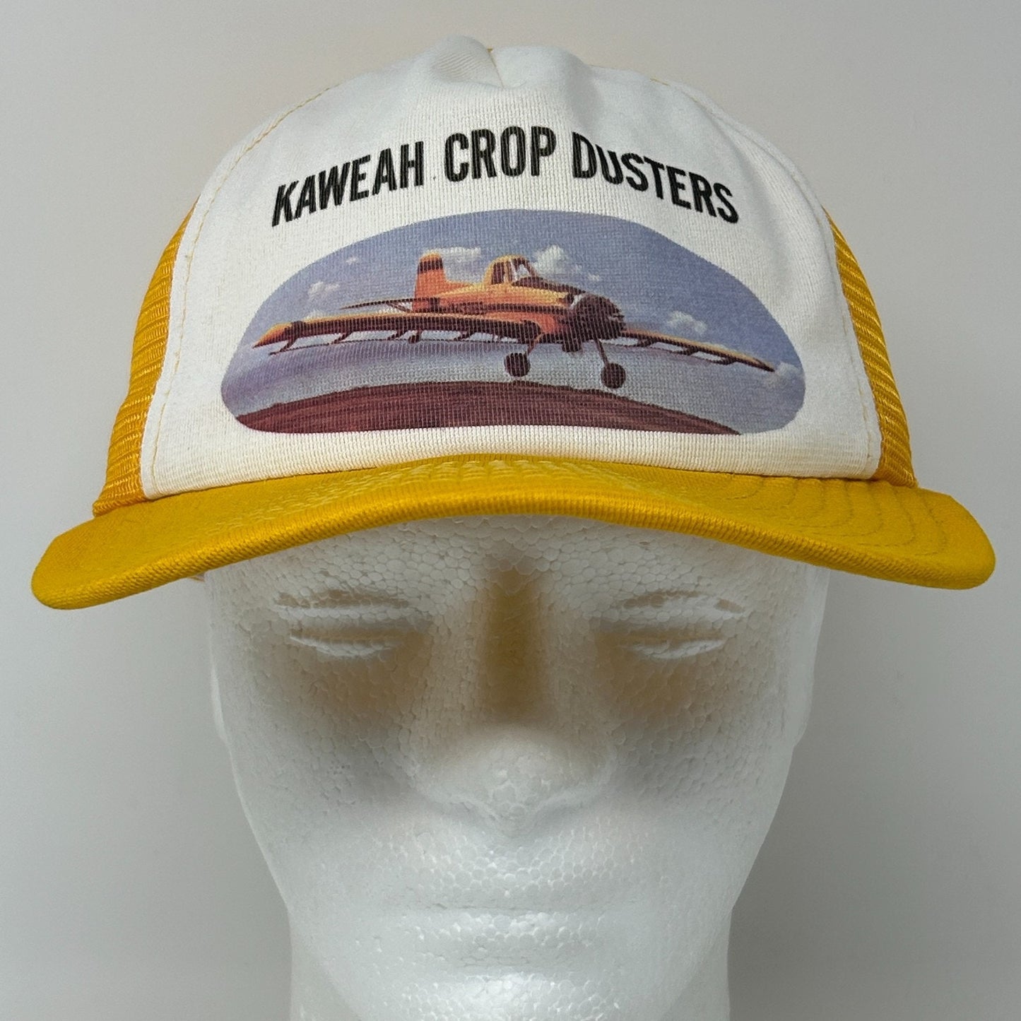 Vintage 80s Kaweah Crop Dusters Trucker Hat Baseball Cap Mesh Snapback Yellow