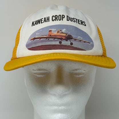 Vintage 80s Kaweah Crop Dusters Trucker Hat Baseball Cap Mesh Snapback Yellow
