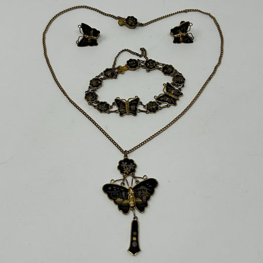 Vintage K24 Japanese Damascene Butterfly Jewelry Set Necklace Bracelet Earrings