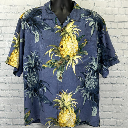 Tommy Bahama Hawaiian Camp Shirt Floral Pineapple Pocket Silk Blue L Large - Neon Vintage