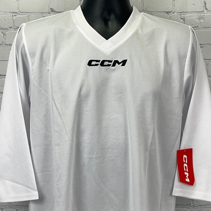 White CCM Long Sleeve Jersey with V-Neck, Front View, featuring logo on chest and sleeve
