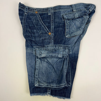 True Religion Isaac Denim Basic Cargo Jean Shorts Frayed Cut Off Blue Mens 42