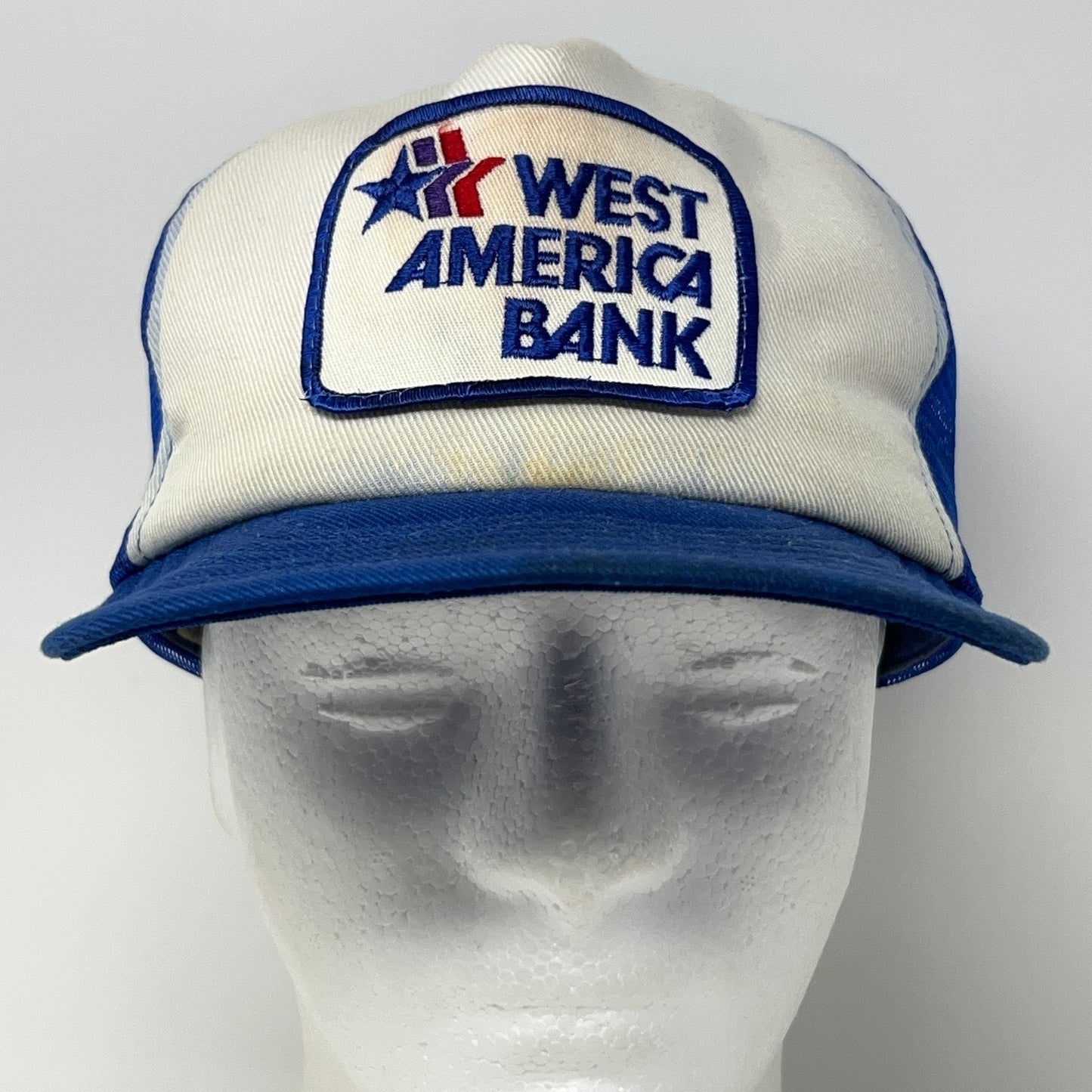 Vintage 80s West America Bank Trucker Hat Baseball Cap Banker Mesh Snapback Blue