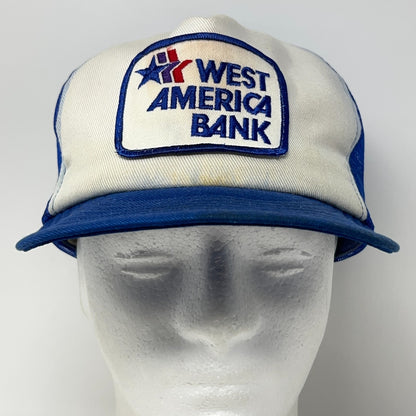 Vintage 80s West America Bank Trucker Hat Baseball Cap Banker Mesh Snapback Blue