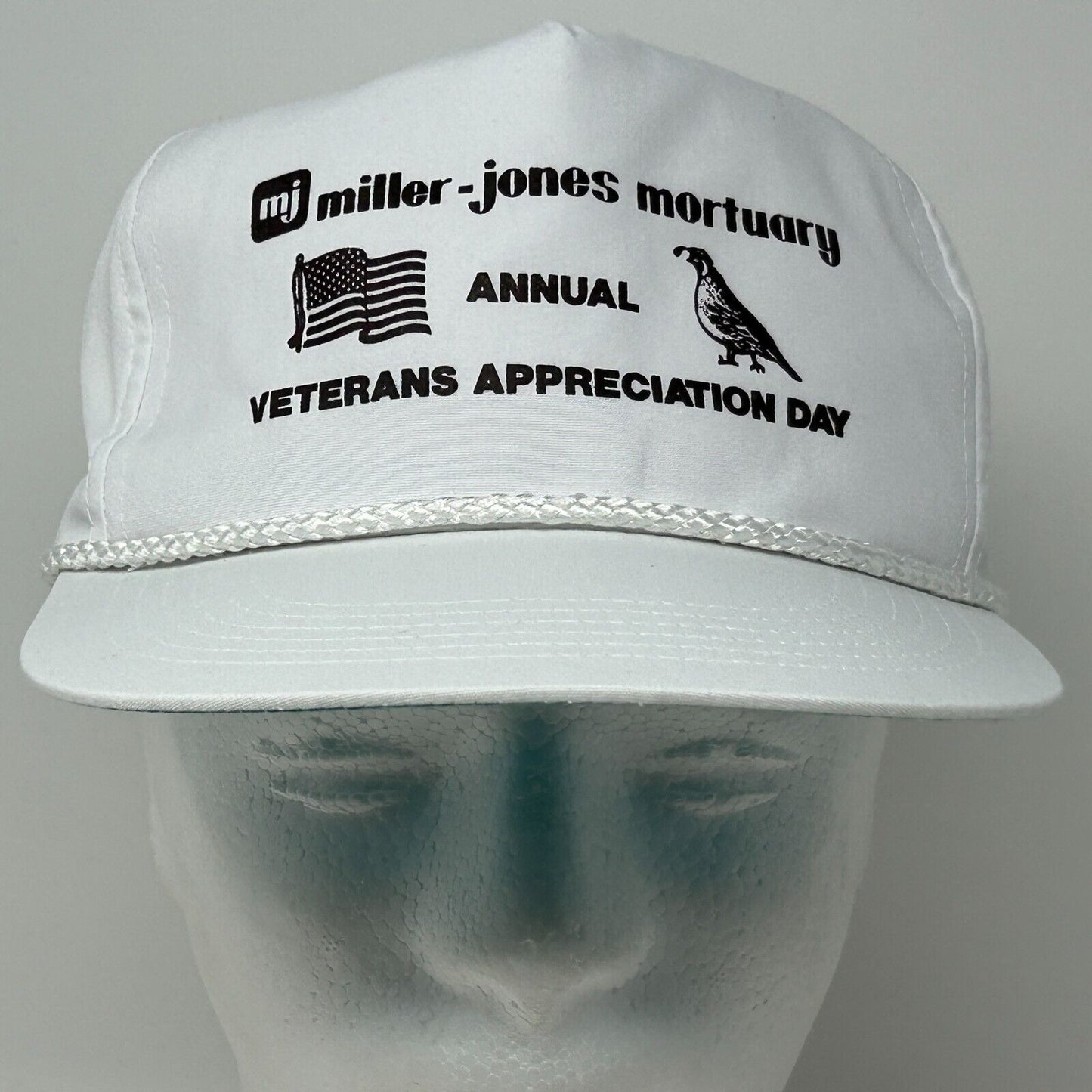 Vintage Miller Jones Mortuary Baseball Hat Cap Snapback White Veterans Day Rope