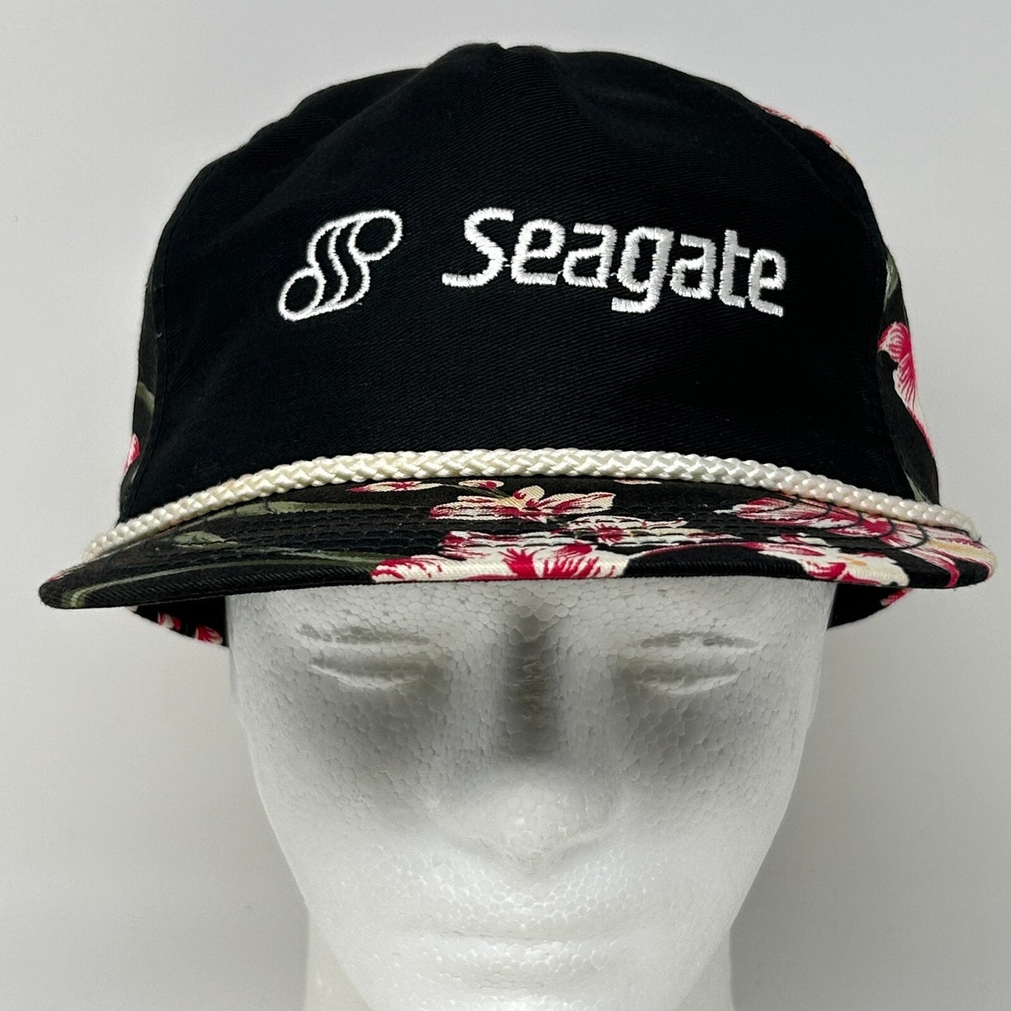 Vintage 80s Seagate Floral Hat Cap Computers Technology Hawaiian Snapback Black