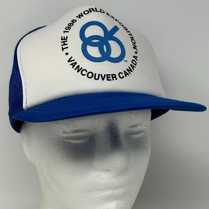 Vintage 1986 World Exposition Trucker Hat Baseball Cap Vancouver Snapback Blue