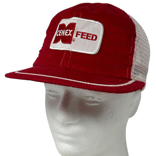 Vintage red trucker hat with white mesh back featuring Cenex Feed logo in front view