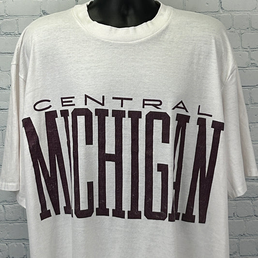 Vintage white Central Michigan T Shirt featuring bold maroon lettering on the front, relaxed fit