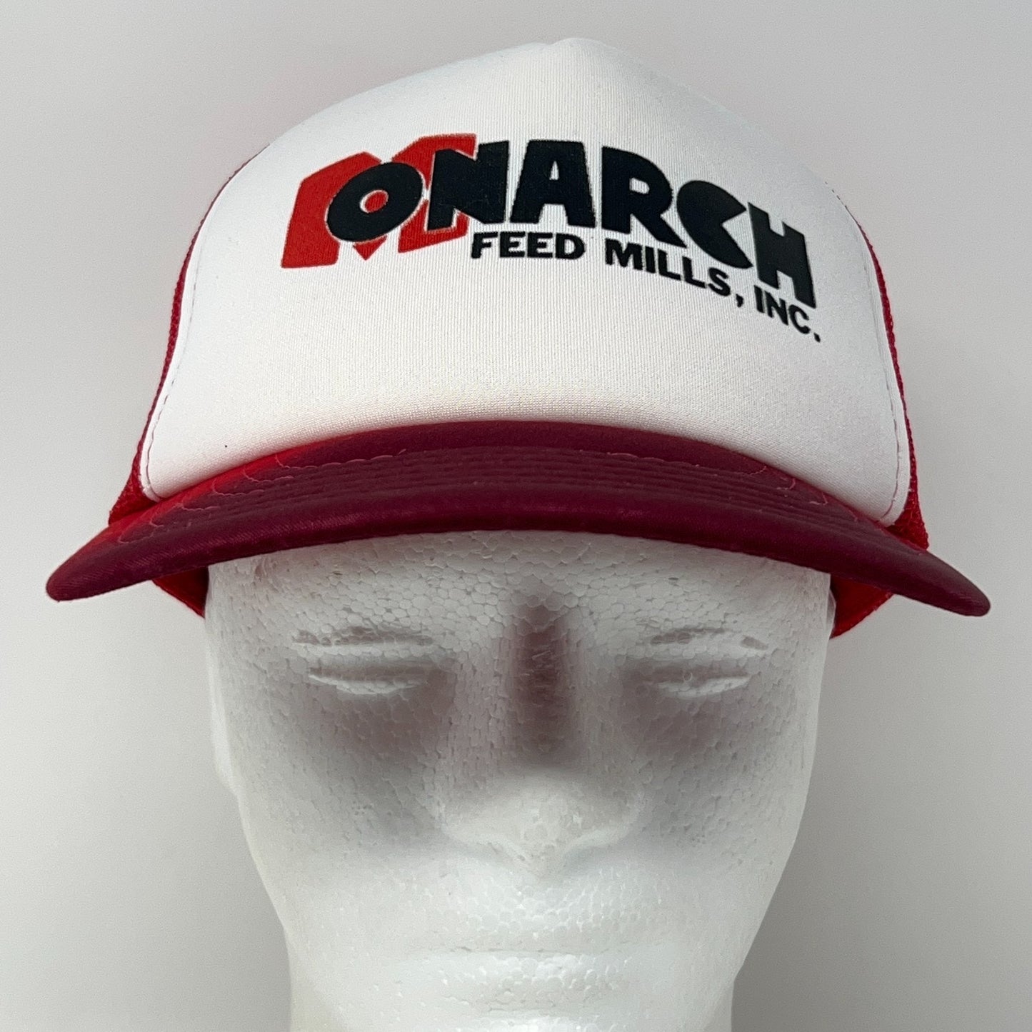 Vintage 80s Monarch Feed Mills Trucker Hat Baseball Cap Farmer Mesh Snapback Red
