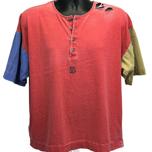 Quiksilver Distressed Vintage 80s 90s Henley T Shirt Medium Surfer Tee Mens Red
