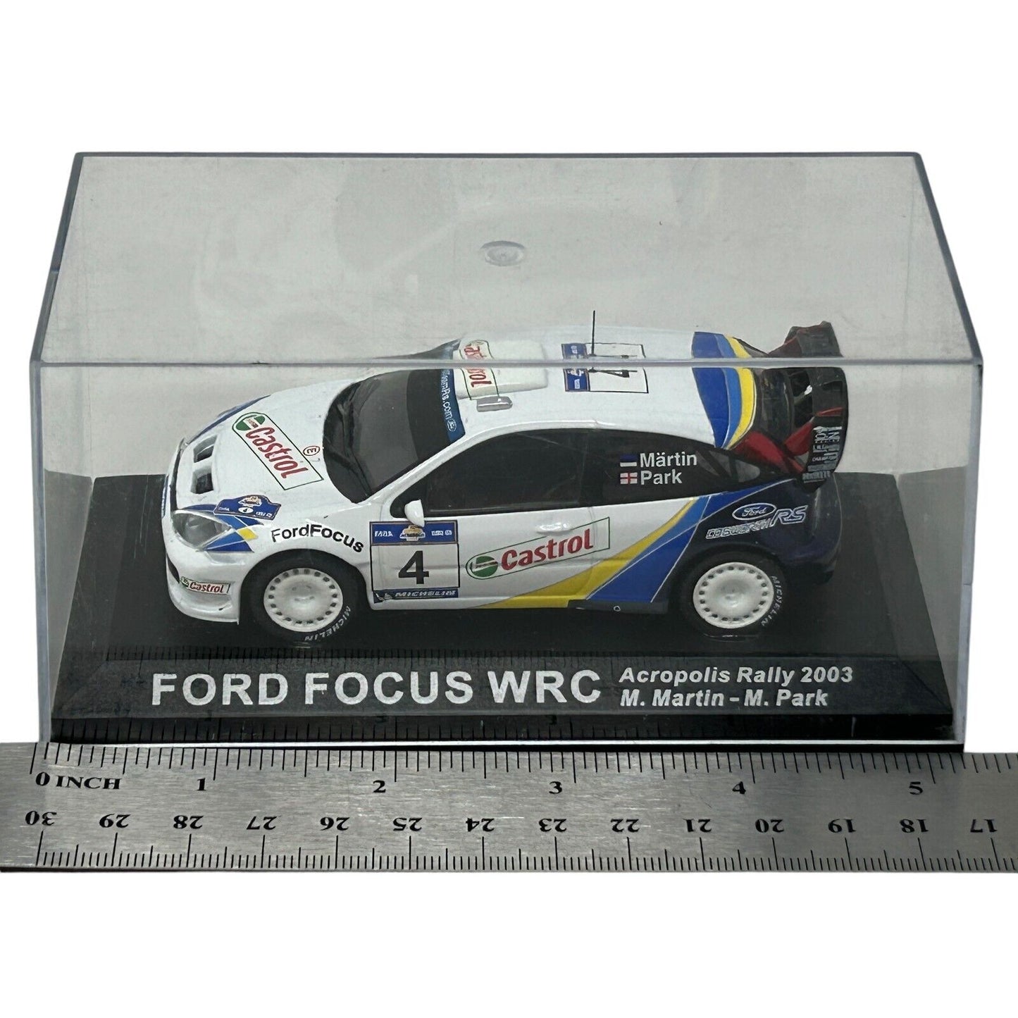 Coche de carreras en miniatura Ford Focus RS WRC Acropolis Rally 2003 en escala 1/43 Altaya White