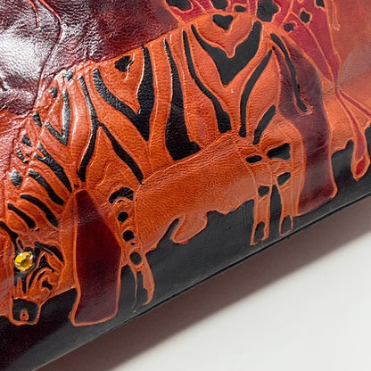 Vintage 90s Tooled Hand Painted Leather Safari Handbag Giraffe Elephant Zebra
