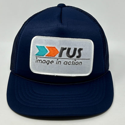 复古 Rus Image In Action 补丁卡车司机帽棒球帽 Snapback 蓝色网眼