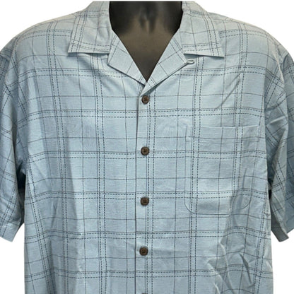 Porcini Silk Hawaiian Camp Shirt Mens Large Blue Check Plaid Button Front