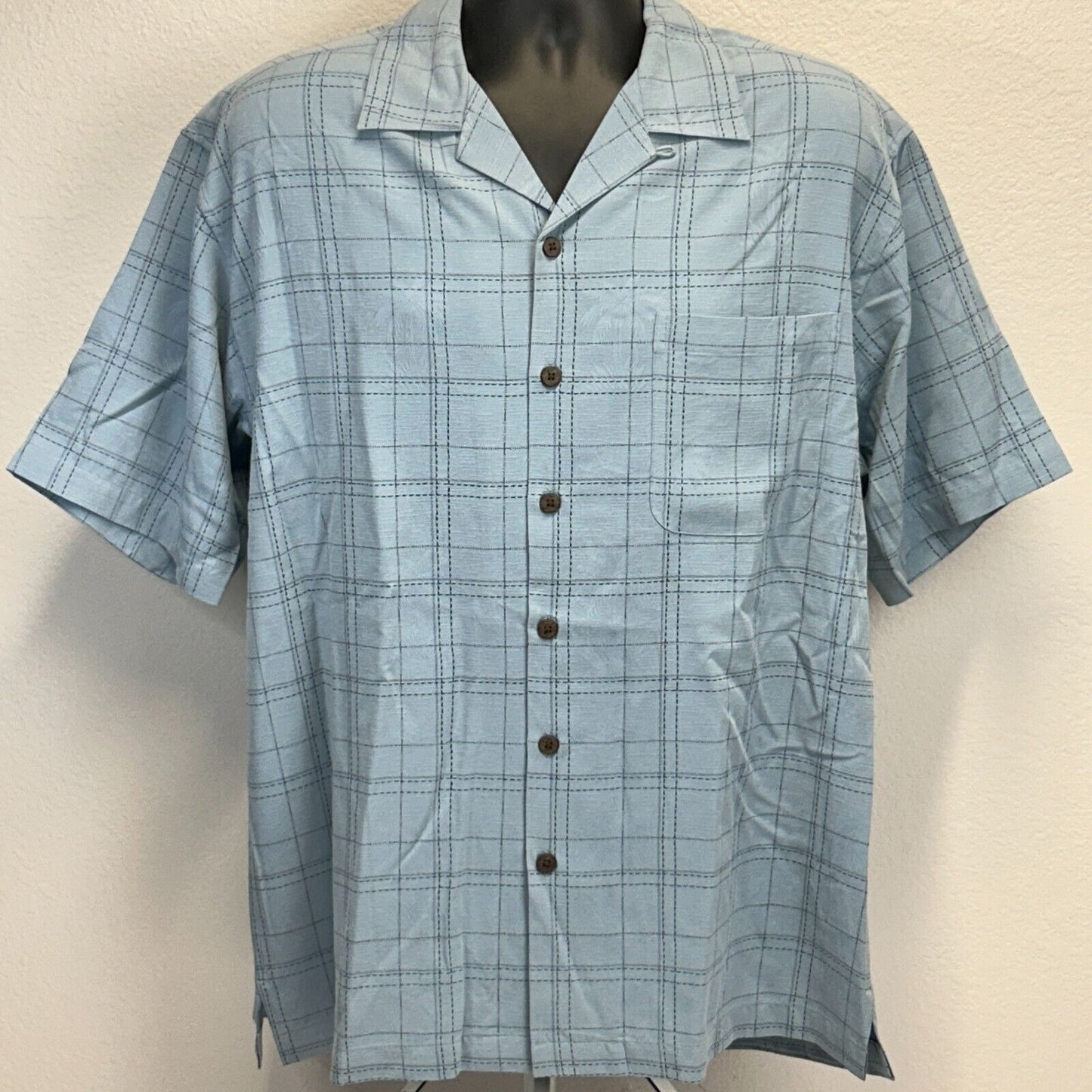 Porcini Silk Hawaiian Camp Shirt Mens Large Blue Check Plaid Button Front