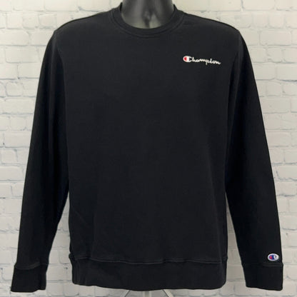 Champion Black Crewneck Sweatshirt in Large with Embroidered Logo on Chest and Sleeve Detail