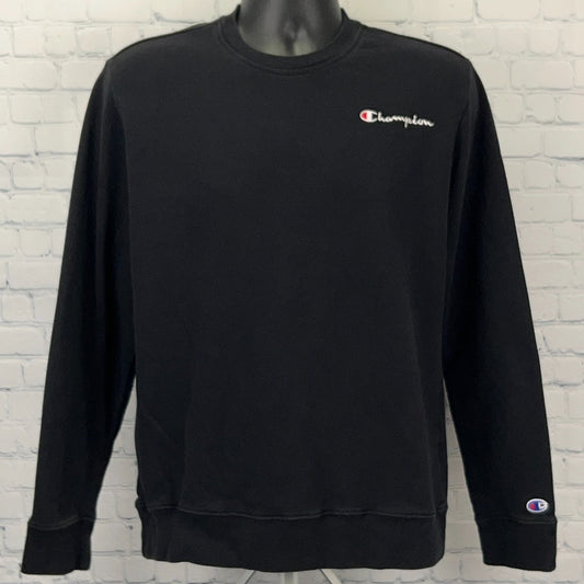 Champion Black Crewneck Sweatshirt in Large with Embroidered Logo on Chest and Sleeve Detail