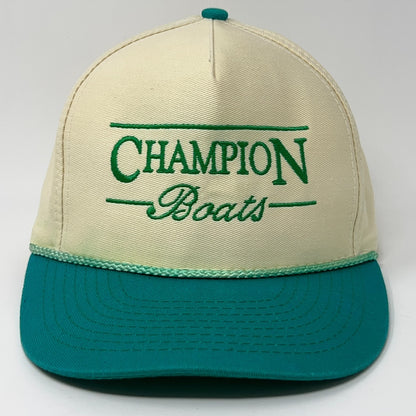 Beige Champion Boats Cap with Green Bill and Embroidered Logo, Front View