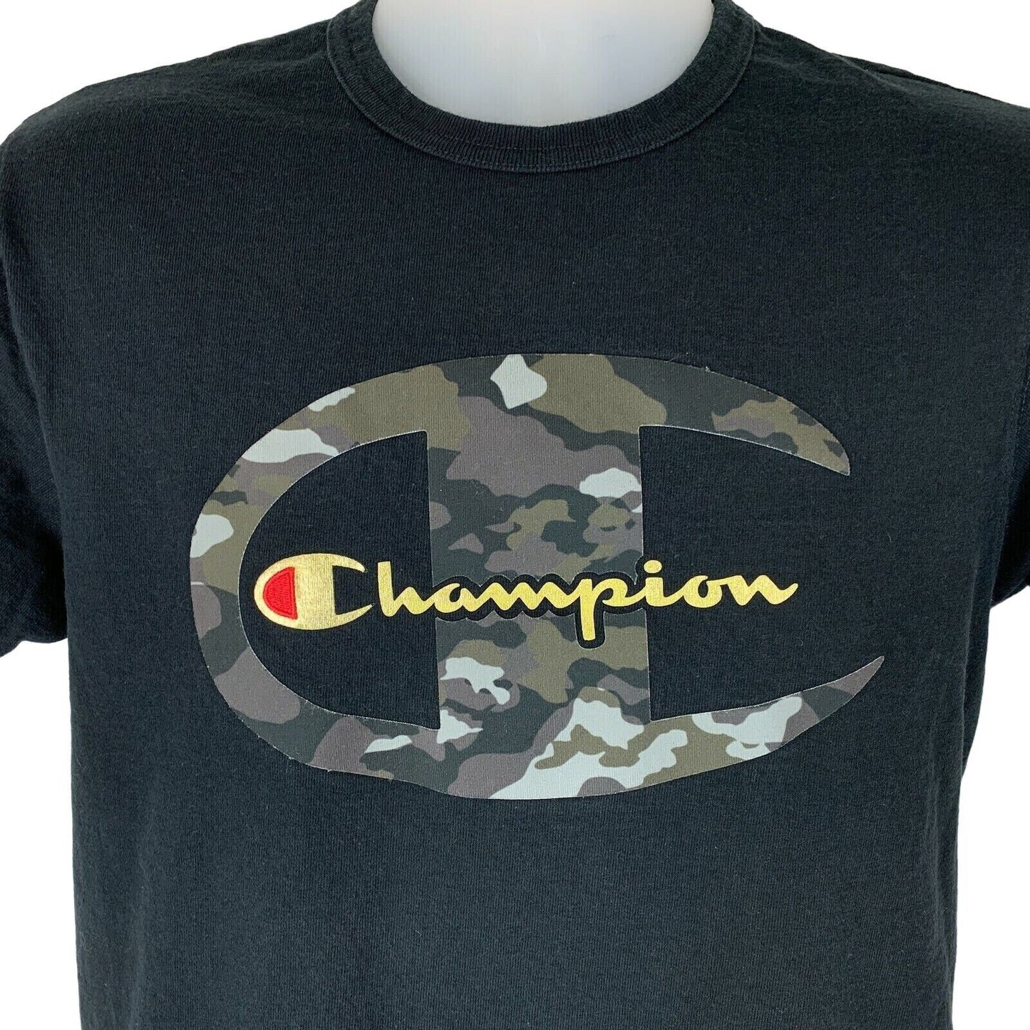 Champion black T-Shirt with large camo logo on the front, featuring yellow text for a bold look