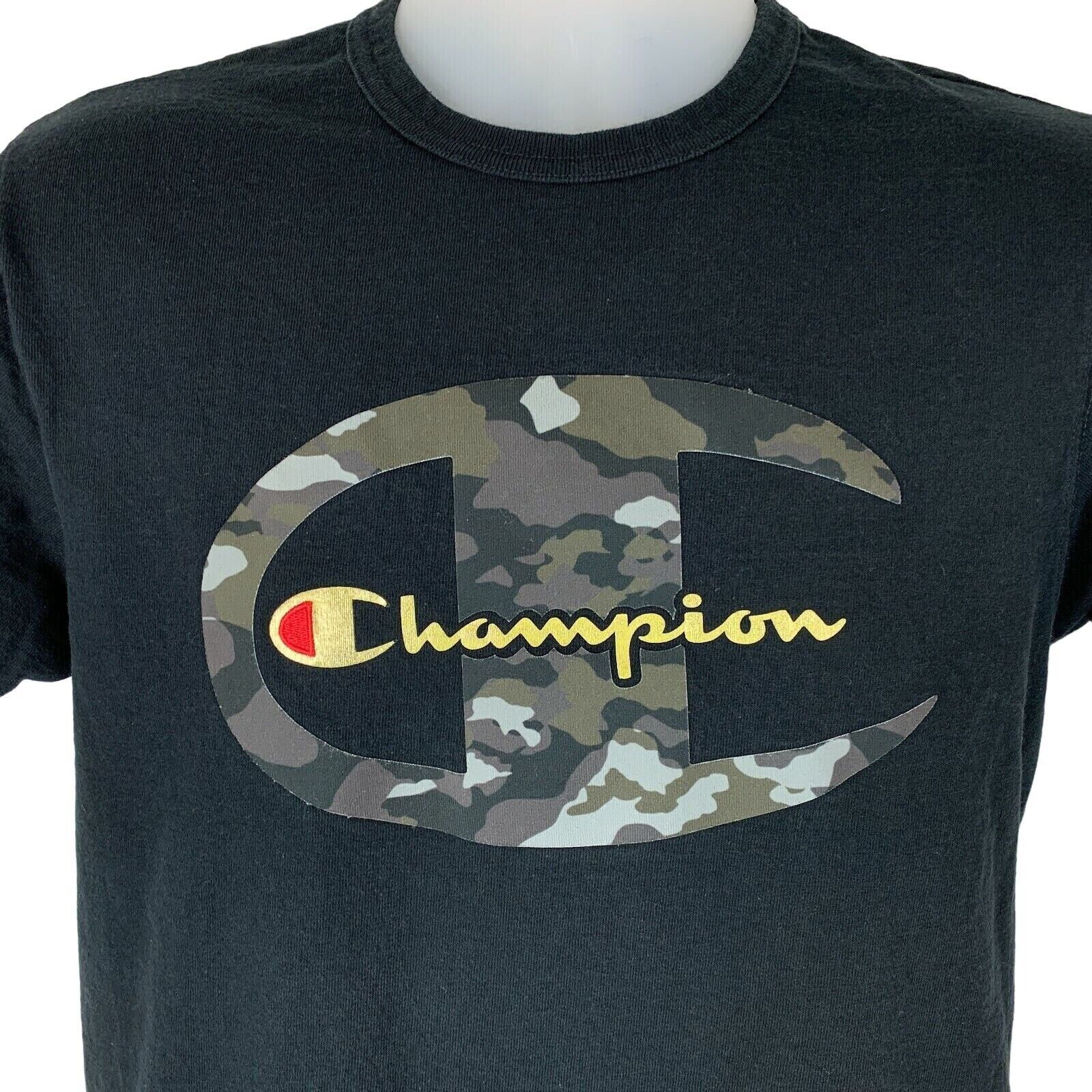 Champion black T-Shirt with large camo logo on the front, featuring yellow text for a bold look