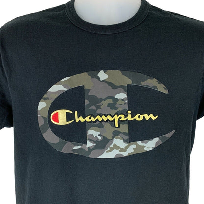 Champion black T-Shirt with large camo logo on the front, featuring yellow text for a bold look