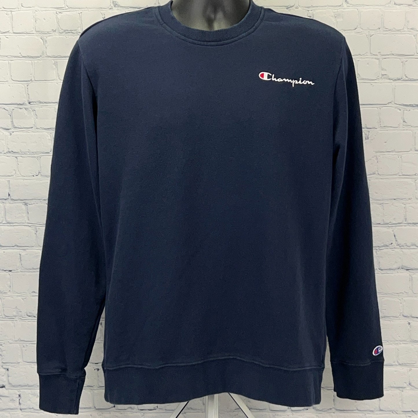 Navy Champion Crewneck Sweatshirt in Medium with White Logo on Chest and Sleeve Detail