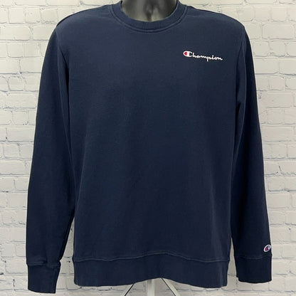 Navy Champion Crewneck Sweatshirt in Medium with White Logo on Chest and Sleeve Detail