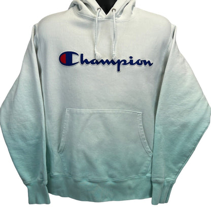 Champion Ombre Hoodie in White to Light Blue with Front Pocket and Embroidered Logo