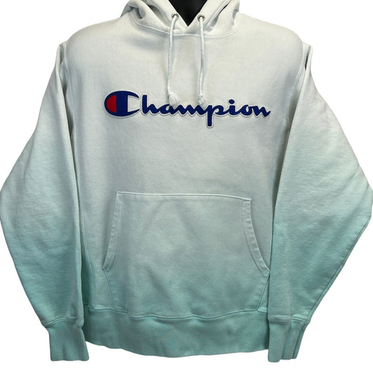 Champion Ombre Hoodie in White to Light Blue with Front Pocket and Embroidered Logo