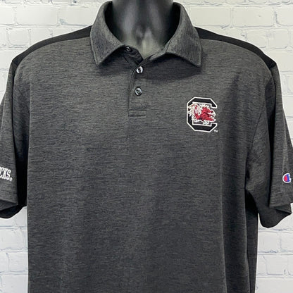 Champion South Carolina Gamecocks black polo shirt, front view with logo and details on collar and sleeves
