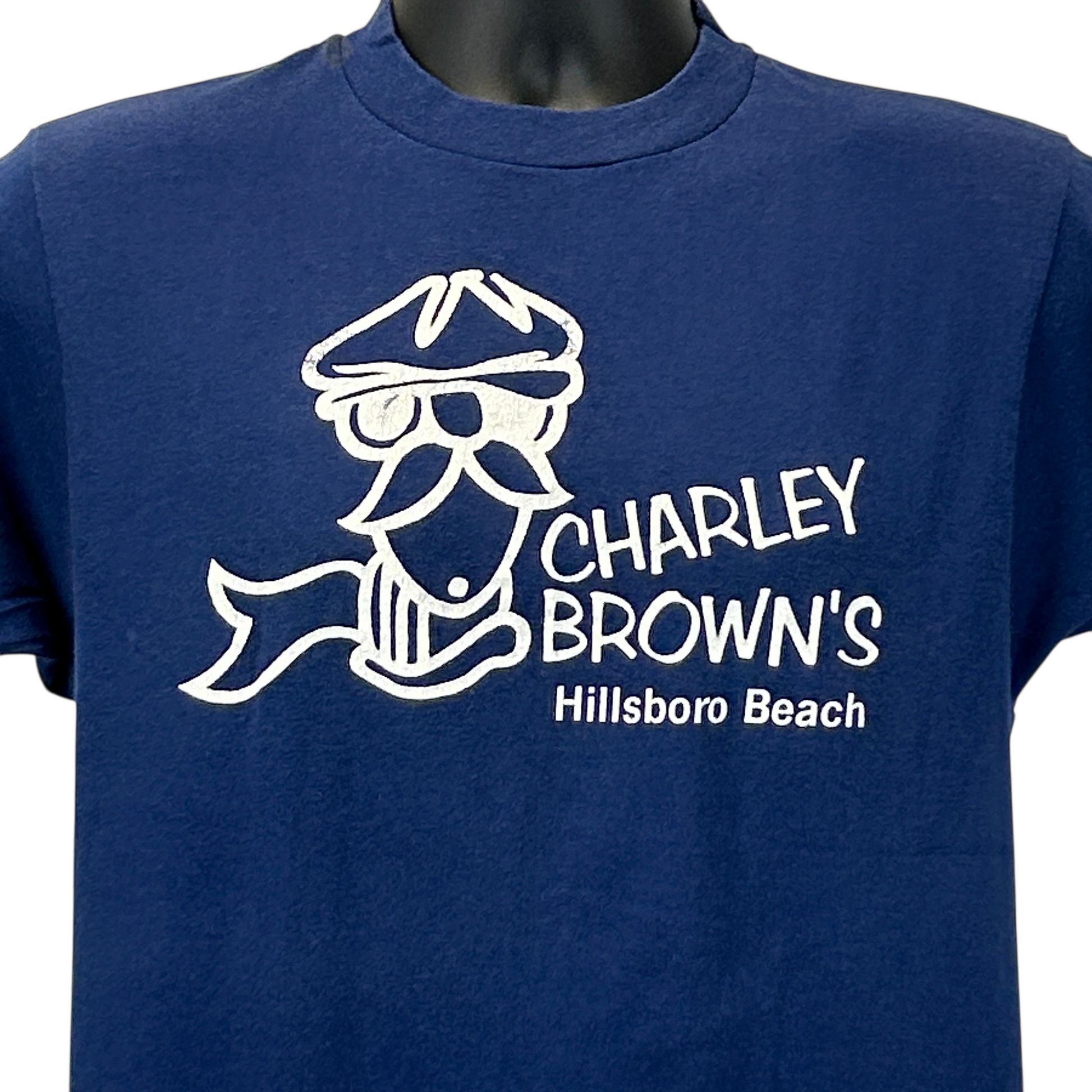 Navy Hanes T-Shirt featuring Charley Brown's logo with Hillsboro Beach text, front view