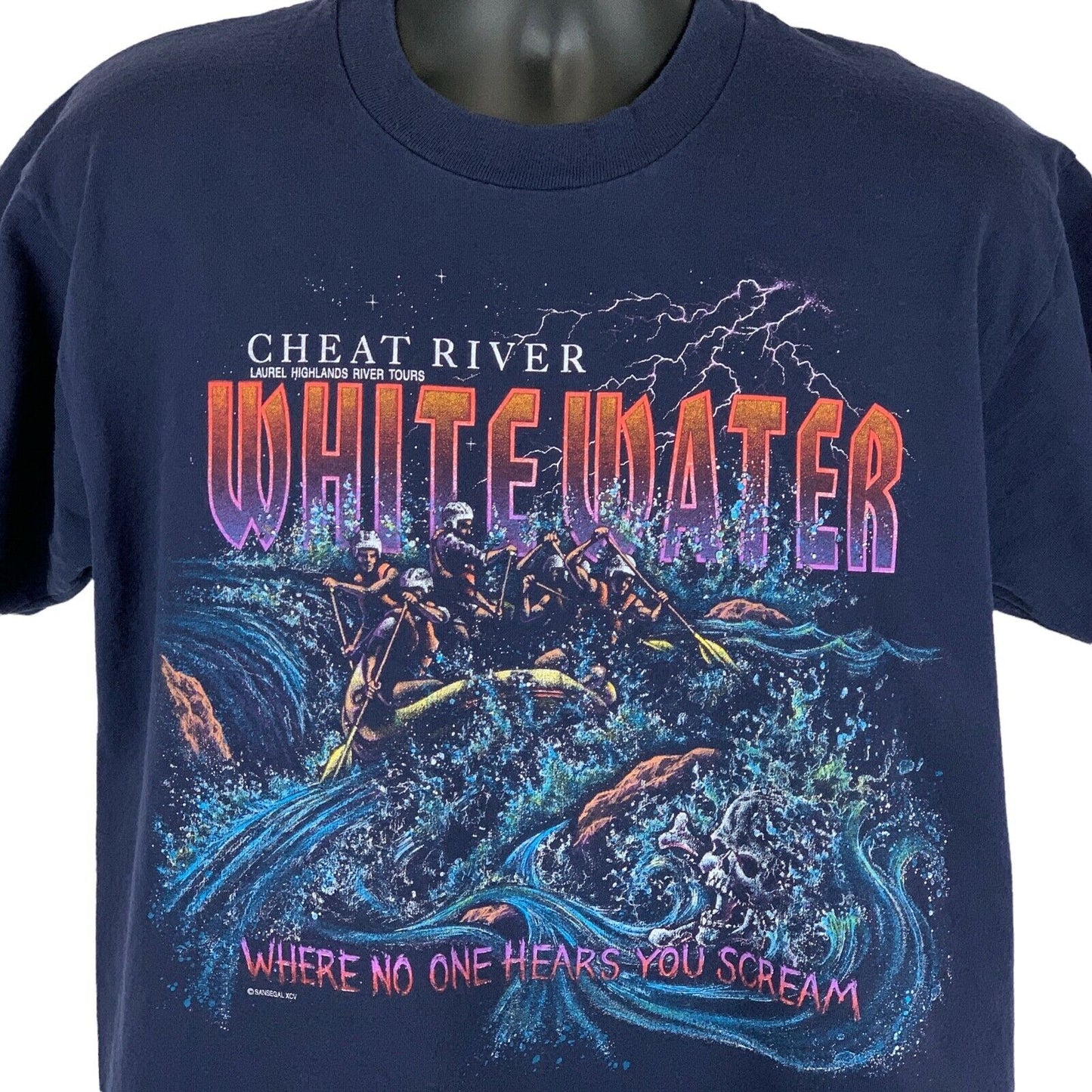 Navy blue Anvil T-Shirt featuring Cheat River whitewater rafting graphic on the front