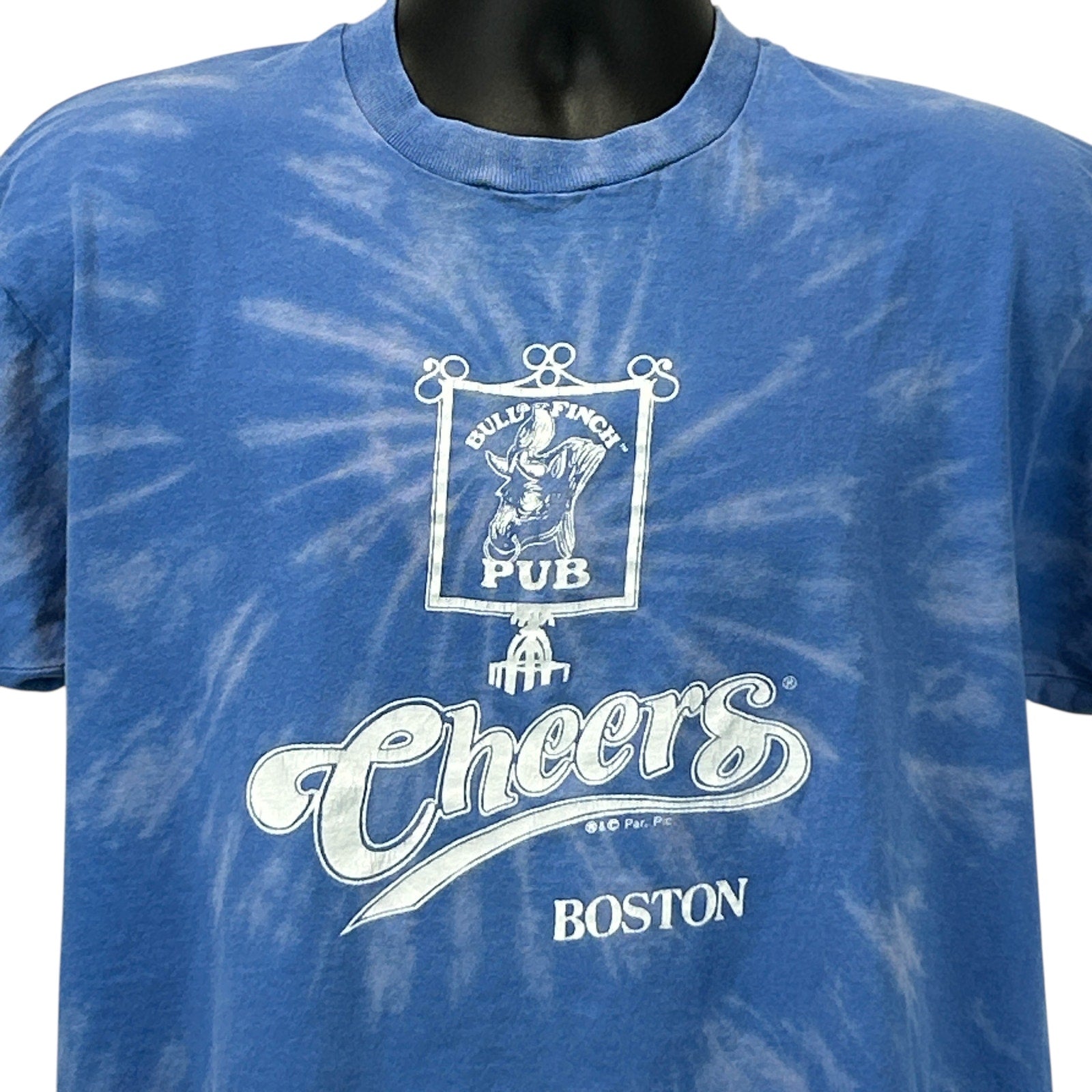 Blue tie-dye Boston T-Shirt by Fruit of the Loom, featuring Cheers logo and pub design on the front