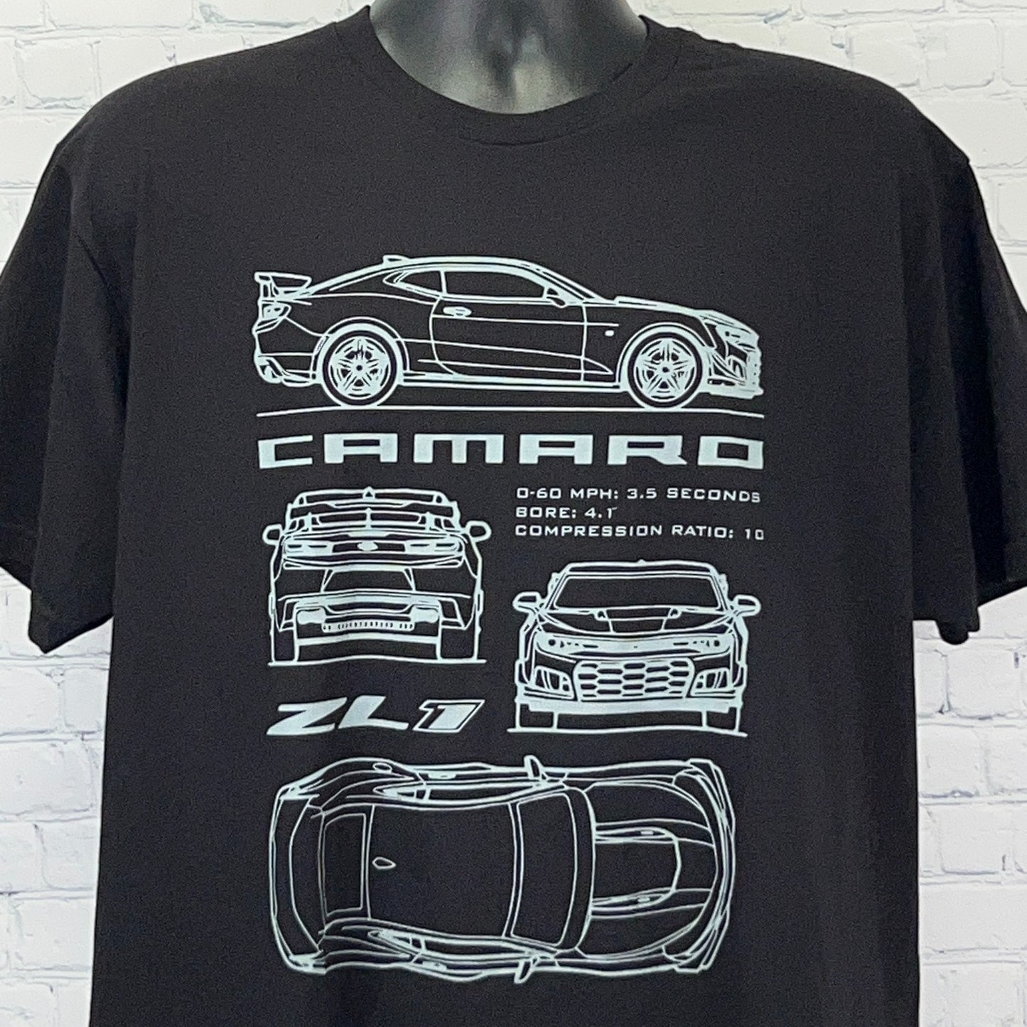 Black Chevrolet Camaro ZL1 T-shirt featuring line drawings of the car with performance stats