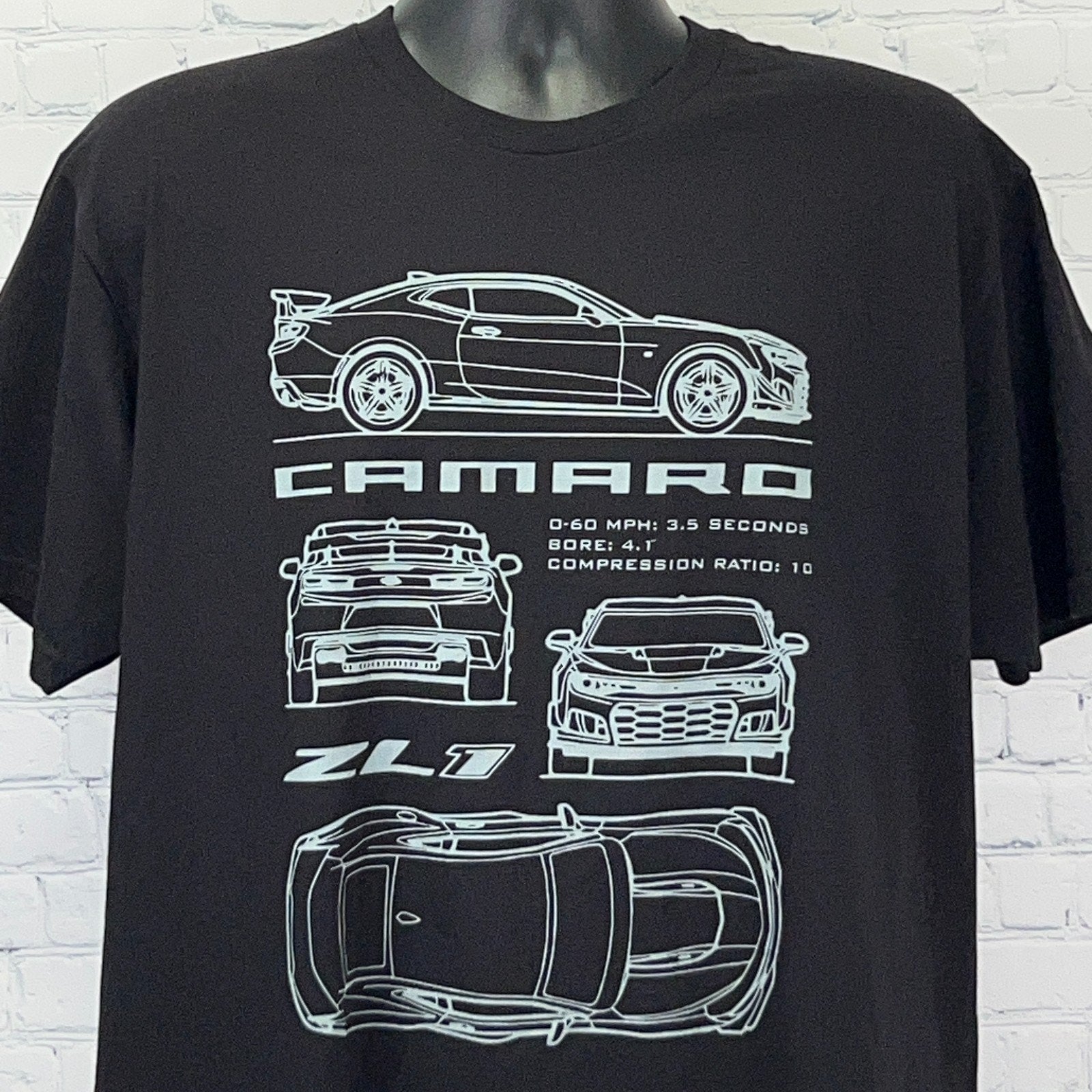Black Chevrolet Camaro ZL1 T-shirt featuring line drawings of the car with performance stats