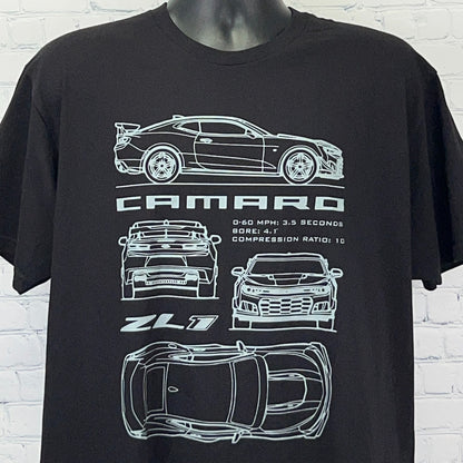 Black Chevrolet Camaro ZL1 T-shirt featuring line drawings of the car with performance stats