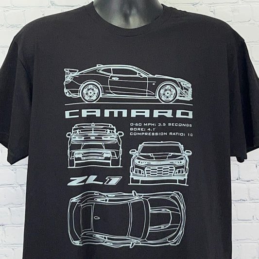 Black Chevrolet Camaro ZL1 T-shirt featuring line drawings of the car with performance stats