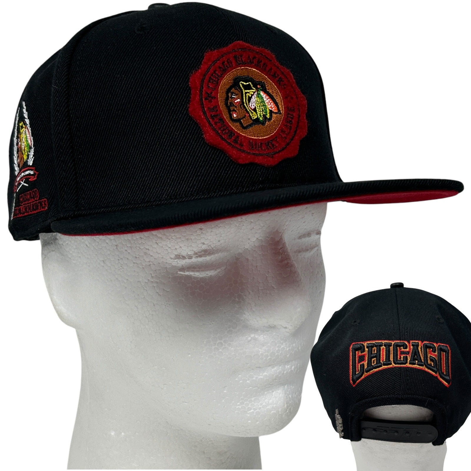 Pro Standard Chicago Blackhawks Black Hat with Red Trim, Front View and Logo Detail