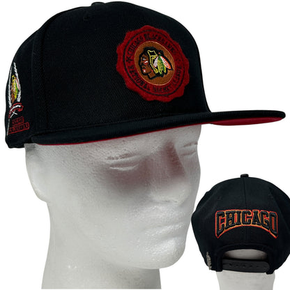Pro Standard Chicago Blackhawks Black Hat with Red Trim, Front View and Logo Detail