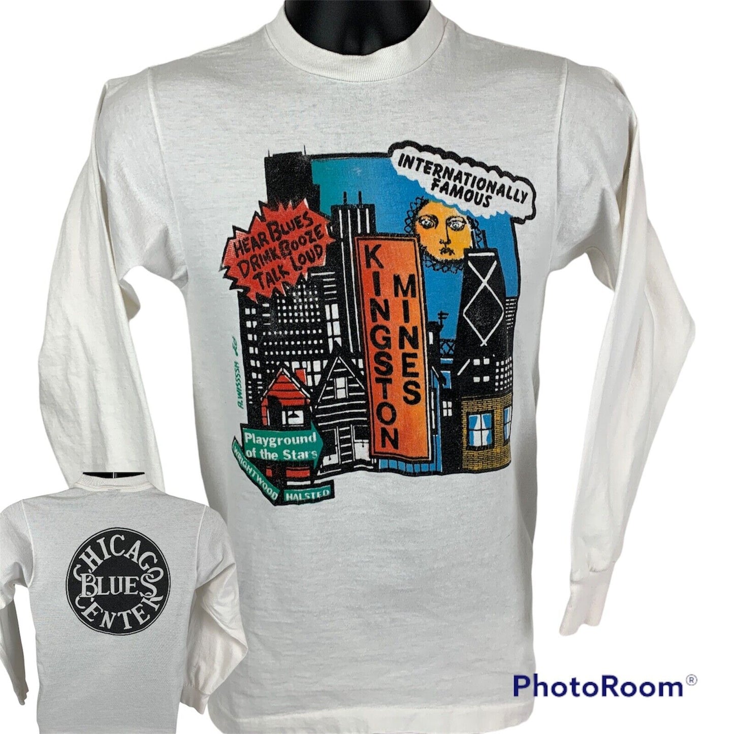 White Anvil Long Sleeve T-Shirt featuring Chicago graphic and colorful city skyline in front view